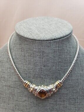 MX Signed Silver and Gold Tone Wheat Chain Necklace with Citrine Center Stone